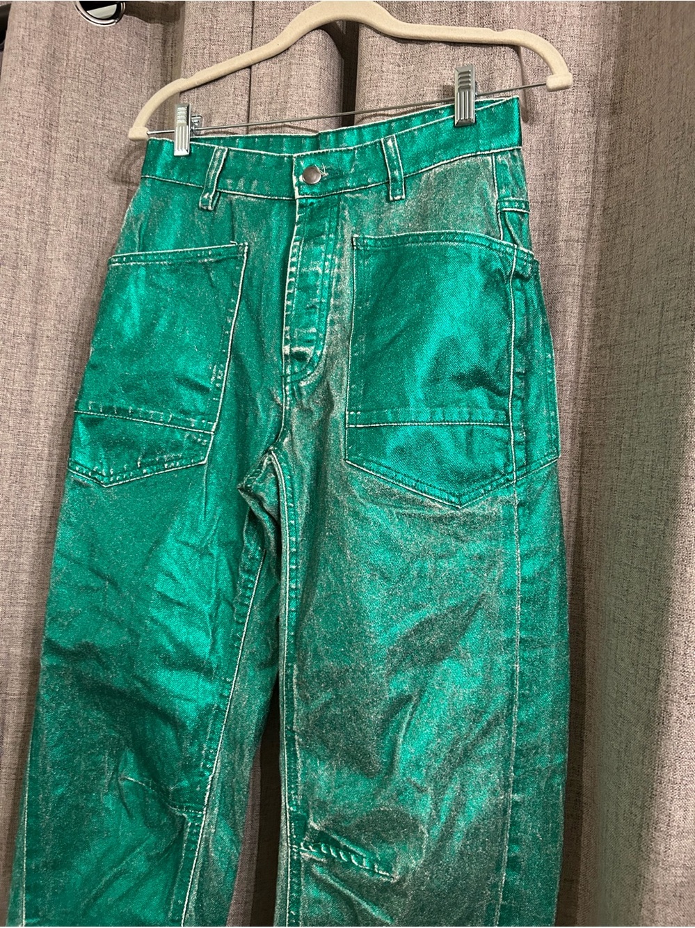 3. Free People Moxie barrel jeans metallic emerald green 24 & 28 - Picture 3 of 16